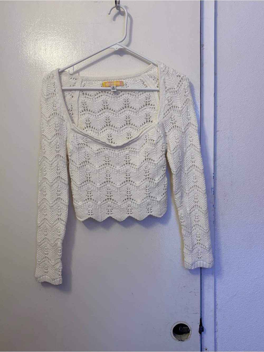 Urban Outfitters Cream Crochet Scoop-Neck Crop Sweater